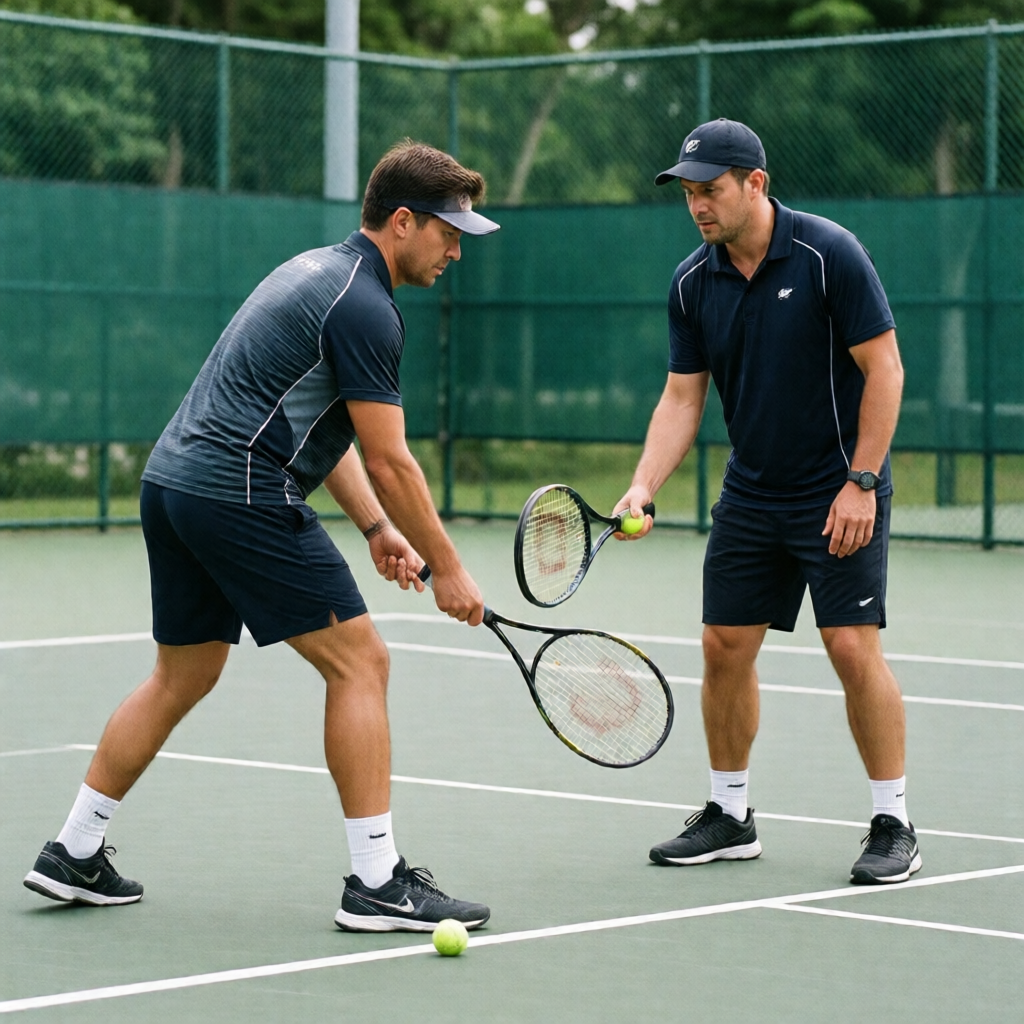 Tennis coach helping a player improve rally consistency during a tennis lesson